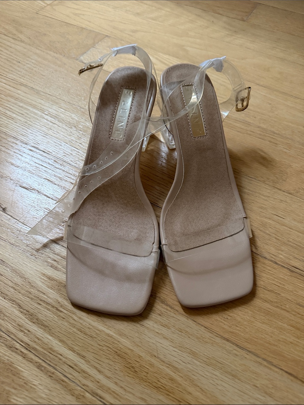 Billini Nude Square-Toe Slingback Heels with Clear Ankle Strap